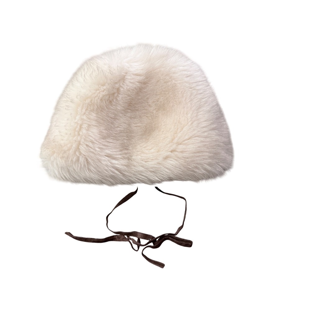 Vintage Cream Fuzzy Shearling ‎ Hat with Ties Russian Cap Fur